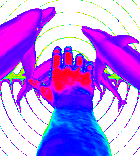 Анимация Переливающаяся разными цветыми рука мужчины и дельфины, гифка Переливающаяся разными цветыми рука мужчины и дельфины