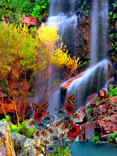 Анимация Бабочки порхают над цветами у водопада, гифка Бабочки порхают над цветами у водопада