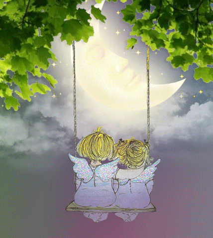 Анимация Дети-ангелочки качаются на качелях, на фоне облачного ночного неба, в котором спит месяц, гифка Дети-ангелочки качаются на качелях, на фоне облачного ночного неба, в котором спит месяц
