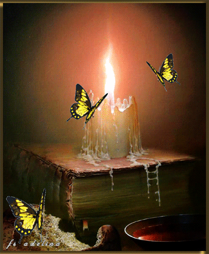 Гиф анимация Бабочки порхают около горящей свечи, стоящей на старинном ...