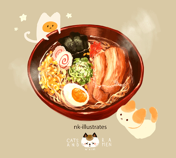 Анимация Яичный кот / EGG CAT смотрит на вкусный рамен в чашке, by nadia kim / nk-illustrates, гифка Яичный кот / EGG CAT смотрит на вкусный рамен в чашке, by nadia kim / nk-illustrates