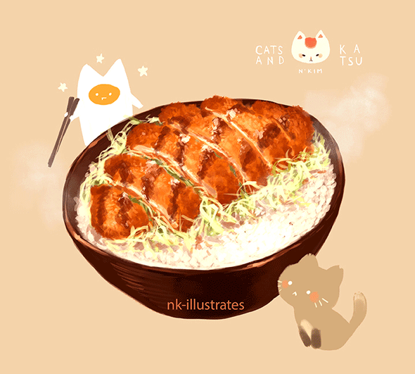 Анимация Яичный кот / EGG CAT смотрит на вкусную чашку с едой, by nadia kim / nk-illustrates, гифка Яичный кот / EGG CAT смотрит на вкусную чашку с едой, by nadia kim / nk-illustrates