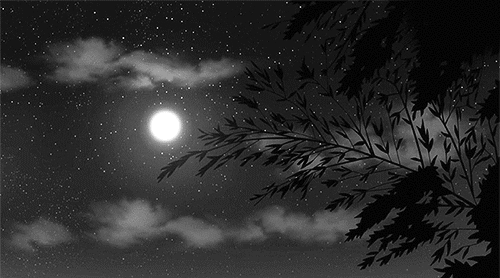 Анимация Ветка колышется от ветра на фоне ночного неба с луной, гифка Ветка колышется от ветра на фоне ночного неба с луной