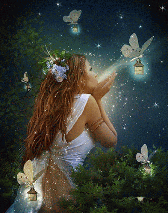 Анимация Лесная фея в окружении бабочек с фонариками в ночи сдувает с рук волшебную пыль, гифка Лесная фея в окружении бабочек с фонариками в ночи сдувает с рук волшебную пыль