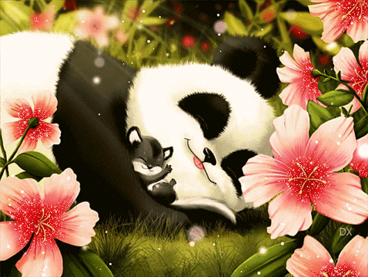 Анимация Панда с сахарным поссумом в обнимку спит на поляне среди цветов, by dixinox, гифка Панда с сахарным поссумом в обнимку спит на поляне среди цветов, by dixinox