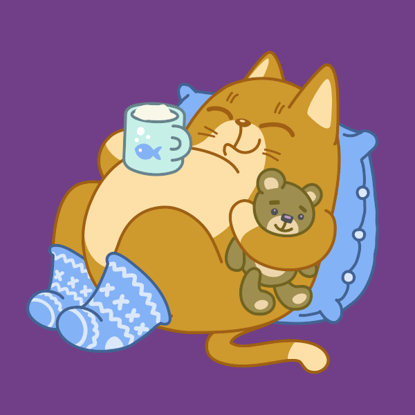 Гиф анимация Кот в обнимку с игрушкой, урчит с чашкой на животе, лежа на  подушке, автор Denis Sazhin