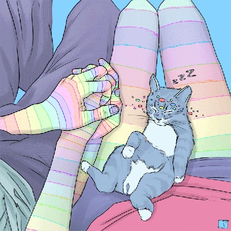 Анимация Котенок спит на ножках девушки, сидящей рядом с парнем, держащим ее руку, by Phazed