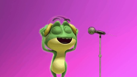 Анимация Лягушонок в наушниках, танцует и поет у микрофона на розово-сиреневом фоне