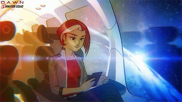 Анимация Девушка поправляет волосы, сидя в космическом корабле, by sykosan, гифка Девушка поправляет волосы, сидя в космическом корабле, by sykosan