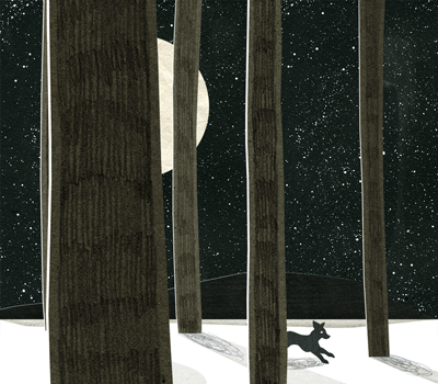 Анимация Бегущая по ночному лесу лиса, гифка Бегущая по ночному лесу лиса