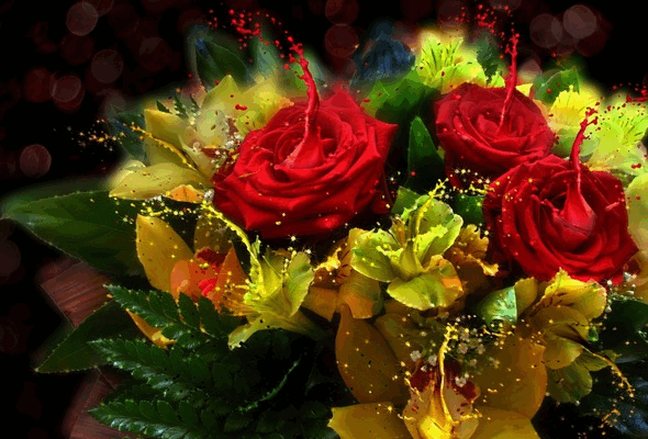 Анимация Переливающийся букет роз и других желтых цветов, гифка Переливающийся букет роз и других желтых цветов