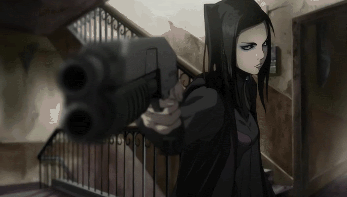 Анимация Главная героиня аниме Эрго Прокси / Ergo Proxy Рил Мэйер / Re-l Mayer стреляет из пистолета, стоя на лестничной клетке в подъезде, гифка Главная героиня аниме Эрго Прокси / Ergo Proxy Рил Мэйер / Re-l Mayer стреляет из пистолета, стоя на лестничной клетке в подъезде