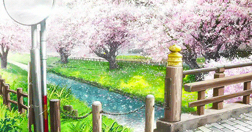 Анимация Вид с мостика на речку и на цветущие деревья сакуры, кадр из аниме Прекрасна, как луна / Tsuki ga Kirei, гифка Вид с мостика на речку и на цветущие деревья сакуры, кадр из аниме Прекрасна, как луна / Tsuki ga Kirei