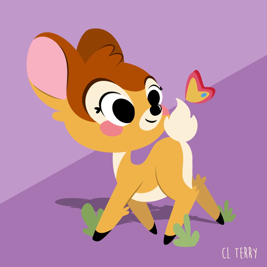 Анимация Олененок Бэмби / Bambi любуется бабочкой на своем хвосте, by CL TERRY, гифка Олененок Бэмби / Bambi любуется бабочкой на своем хвосте, by CL TERRY