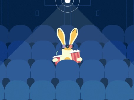 Анимация Зайчик смотрит фильм в кинотеатре и поедает попкорн, запивая колой, а потом приходит медведь и все портит