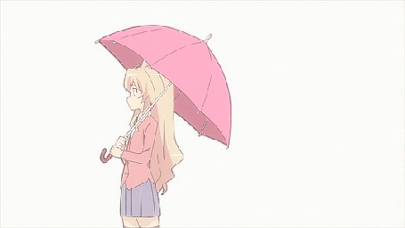 Анимация Тайга Айсака / Taiga Aisaka из аниме ТораДора! / Toradora! оборачивается и видит, что кот трется об ее сапоги