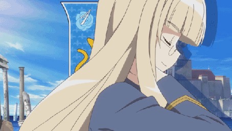 Анимация Пьеррин Х. Клостерманн / Perrine H. Clostermann из аниме Штурмовые ведьмы / Strike Witches взмахивает волосами на фоне герба