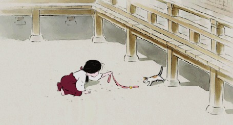 Анимация Маленькая принцесса Кагуя / Kaguya-hime играет с котенком, кадры из аниме Сказание о принцессе Кагуя / Kaguya-hime no Monogatari