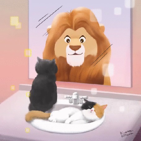 Анимация Кошечка лежит в раковине, а котик сидит на краю раковины и смотрит в зеркало, в котором отражается лев, by Kate Park