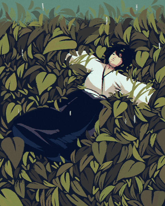Анимация Девушка лежит в траве под дождем, гифка Девушка лежит в траве под дождем
