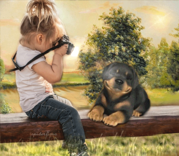 Анимация Девочка фотографирует собаку, гифка Девочка фотографирует собаку