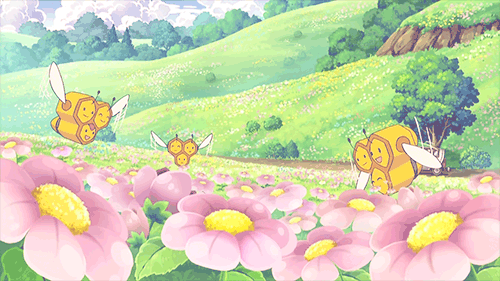 Анимация Пчелы над цветами. Аниме:Покемоны, гифка Пчелы над цветами. Аниме:Покемоны
