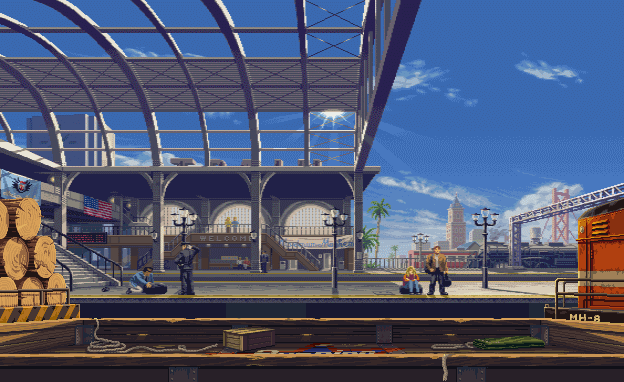 Анимация Поезд проходит мимо станции, на перроне стоят люди, гифка Поезд проходит мимо станции, на перроне стоят люди