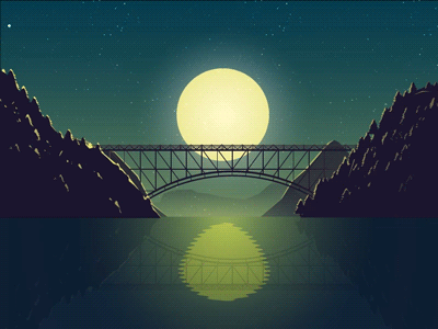 Анимация Ночь, по мосту проходит поезд, гифка Ночь, по мосту проходит поезд