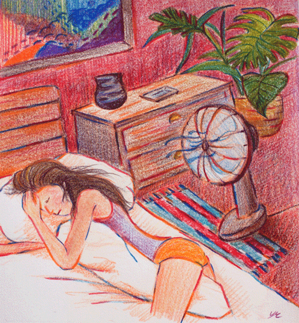 Анимация Спящая девушка, волосы которой обдувает вентилятор, by YRK, гифка Спящая девушка, волосы которой обдувает вентилятор, by YRK