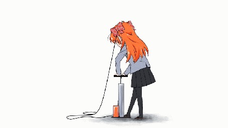 Анимация Чие Сакура / Chiyo Sakura из аниме Ежемесячное седзе Нозаки-куна / Gekkan Shoujo Nozaki-kun надувает насосом свои красные банты в горошек