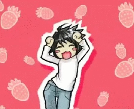 Анимация Рюдзаки Эл Лоулайт / Ryuzaki L. Lawliet из аниме Тетрадь смерти / Death Note танцует Caramelldansen на розовом фоне с клубничкой