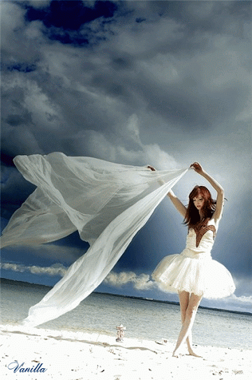 Анимация Девушка в белом платье с развевающейся тканью, by Vanilla, гифка