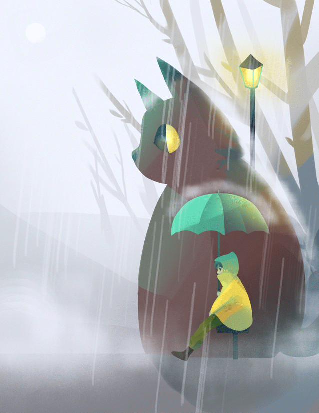 Анимация Девочка с зонтиком и большая кошка сидят под дождем, by Jenny Yu, гифка Девочка с зонтиком и большая кошка сидят под дождем, by Jenny Yu