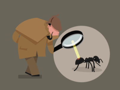 Анимация Шерлок Холмс рассматривает в лупу муравья, гифка