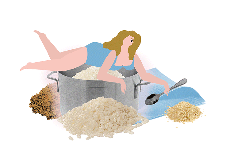 Анимация Женщина лежит на кастрюле с ложкой возле специй, гифка Женщина лежит на кастрюле с ложкой возле специй