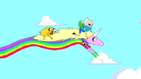 Анимация Леди Ливнерог / Lady Rainicorn летит высоко в небе и несет на себе парнишку Финна и пса Джека, мультсериал Adventure Time / Время Приключений