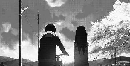 Анимация Хотаро Орэки / Houtarou Oreki с велосипедом и Эру Читанда / Eru Chitanda идут по дороге, кадры из аниме Хека / Hyouka