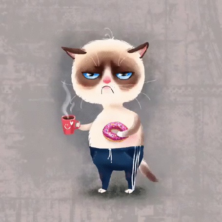 Анимация Сердитый котик / Grumpy Cat становится веселее, съев пончик и выпив кофе, by Alexa Fedyaeva