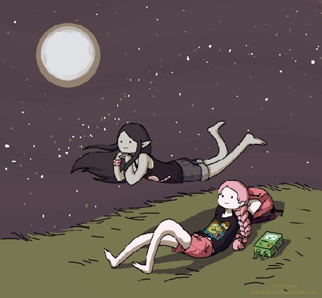 Анимация Marceline / Марселин и Princess Bubblegum / Принцесса Бубульгум наблюдают за падающими звездами, рядом лежит Бимо, Мультсериал Adventure Time / Время Приключений