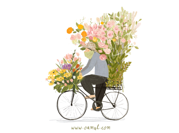 Анимация Мужчина с цветами едет на велосипеде, by Oamul Lu, гифка Мужчина с цветами едет на велосипеде, by Oamul Lu
