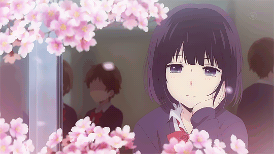 Анимация Ханаби Ясураока / Hanabi Yasuraoka из аниме Тайные желания отвергнутых / Kuzu no Honkai смотрит в окно на падающие лепестки сакуры, гифка Ханаби Ясураока / Hanabi Yasuraoka из аниме Тайные желания отвергнутых / Kuzu no Honkai смотрит в окно на падающие лепестки сакуры