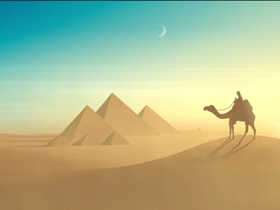 Анимация Верблюд с человеком на нем идет по пустыне, гифка Верблюд с человеком на нем идет по пустыне