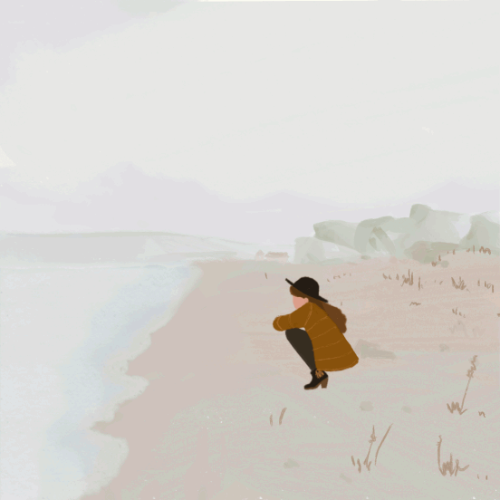 Анимация Девушка в шляпе сидит на берегу моря и смотрит на волны, by Dora Vincze, гифка Девушка в шляпе сидит на берегу моря и смотрит на волны, by Dora Vincze