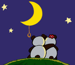 Анимация Две влюбленные панды выключают свет луны и смотрят на салют из сердечек, гифка Две влюбленные панды выключают свет луны и смотрят на салют из сердечек