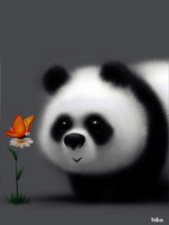Анимация Панда любуется цветком, на котором сидит ярко окрашенная бабочка, by biku, гифка Панда любуется цветком, на котором сидит ярко окрашенная бабочка, by biku