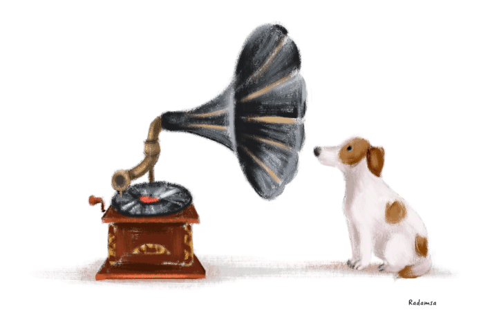 Анимация Собака слушает пластинку на граммофоне, из раструба которого выглядывает кот и показывает собаке язык, by Natalia Kulakova, гифка Собака слушает пластинку на граммофоне, из раструба которого выглядывает кот и показывает собаке язык, by Natalia Kulakova