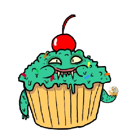 Анимация Пирожное с вишенкой жадно что - то поедает