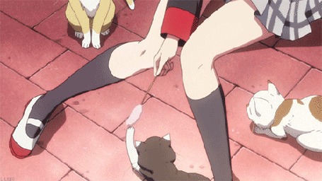 Анимация Рин Нацумэ / Rin Natsume из аниме Маленькие проказники! / Little Busters! играет с котенком