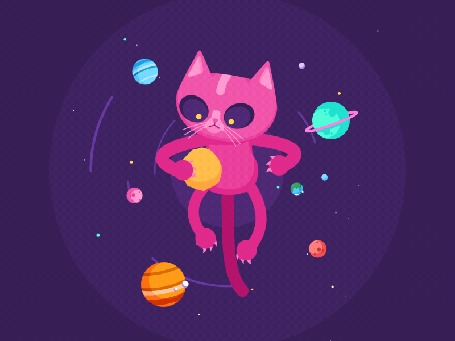Анимация Розовый кот жонглирует планетами