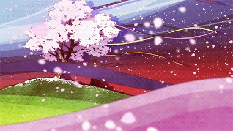 Анимация Шичика Ясури / Shichika Yasuri из аниме Истории катан / Katanagatari стоит под цветущей на холме сакурой на ветру